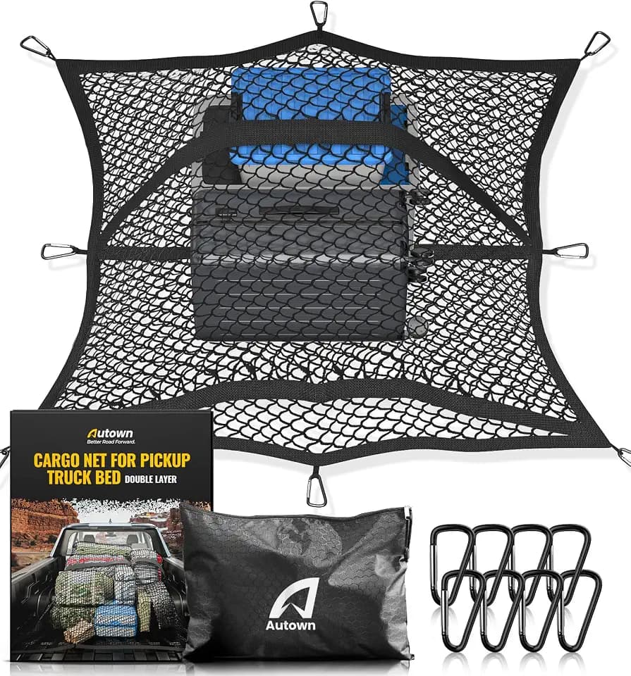 AUTOWN Cargo Net for Pickup Truck Bed with 8 Metal Carabiners, Double Layer