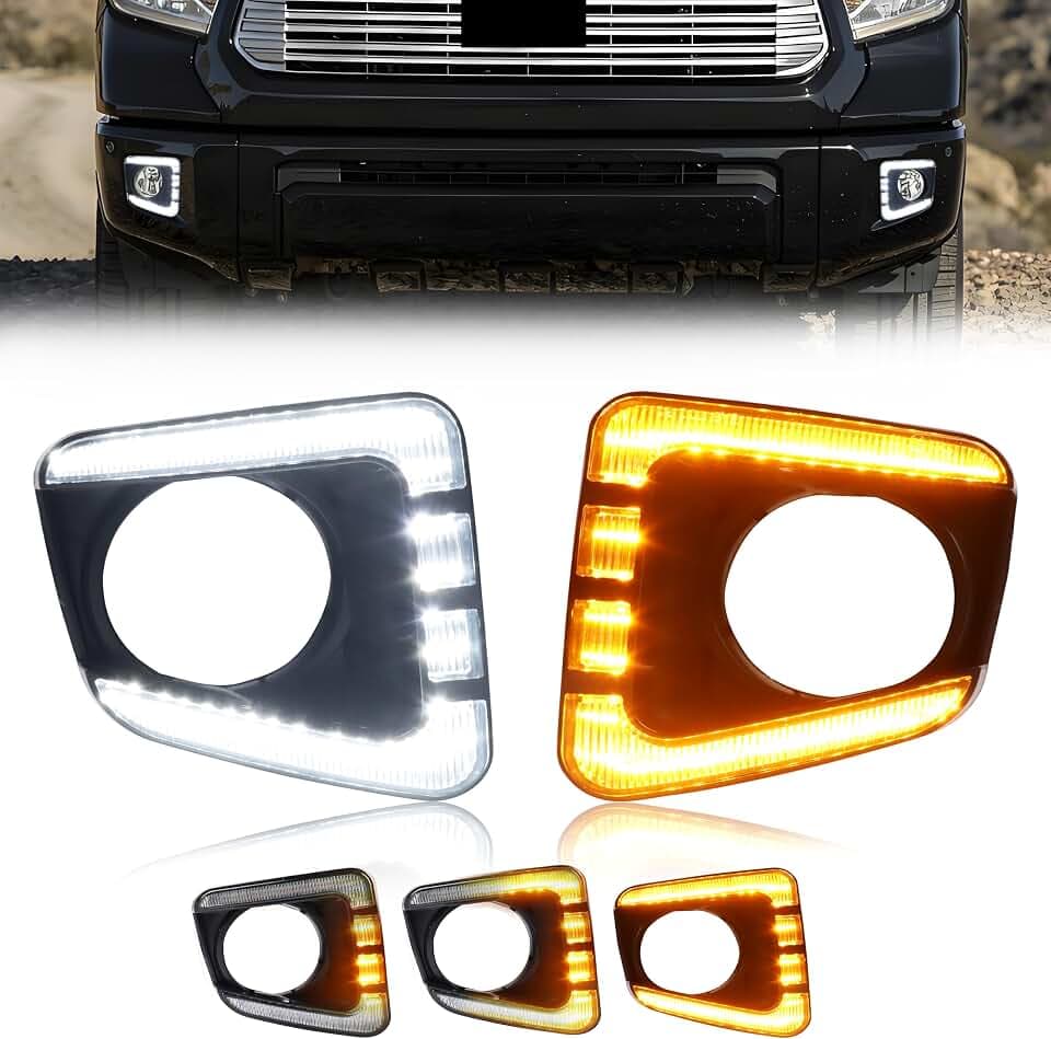 Fog Lights Assembly Compatible with 2014 2015 2016 2017 2018 2019 2020 2021 Toyo-ta Tundra, [Switchback Design] White LED Fog Lamp & Yellow Sequential Signal Light, 1 Pair, Clear Lens