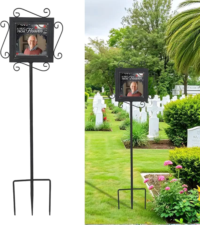 AQQHSAIN Memorial Garden Stake with Photo Stand Metal Pet Temporary Grave Marker Memorial Plaque for Loss of Loved One Cemetery Outdoor Lawn Yard Funeral Decorations