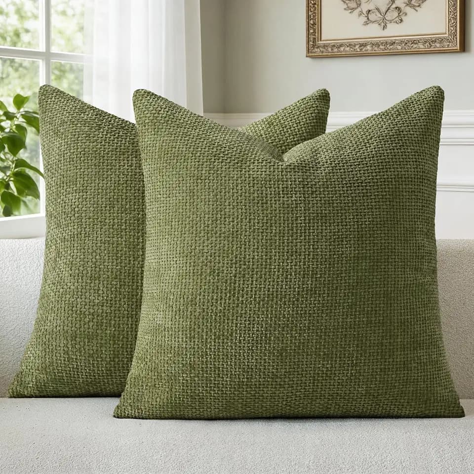 A Moment Kissenbezug 50x50 Olivgrün Chenille 2er Set Weiche Kissenbezüge