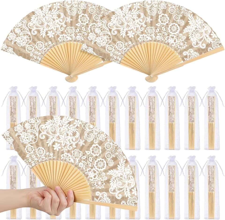 Vercraft 36 Set Wedding Hand Fans for Guests Bulk Vintage Lace Paper Fan Retro Kraft Floral Folding Fans with Organza Bags Thank You Gifts Party Favor for Wedding Ceremony Bridal Shower Bridesmaid