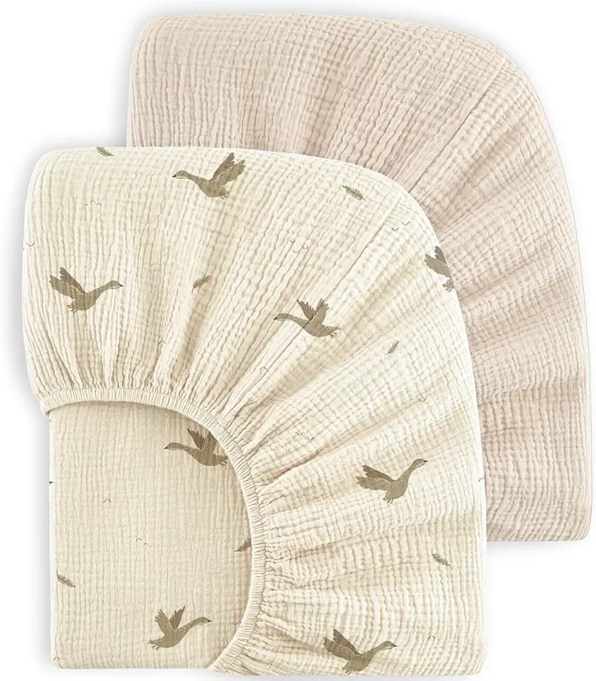 Bearmoss Muslin Crib Sheets - 100% Cotton Baby Crib Sheets Fitted for Standard Crib Mattress & Toddler Bed Mattress 52"x28" Soft Breathable Crib Sheet Neutral for Boys Girls - 2 Pack (Goose White)