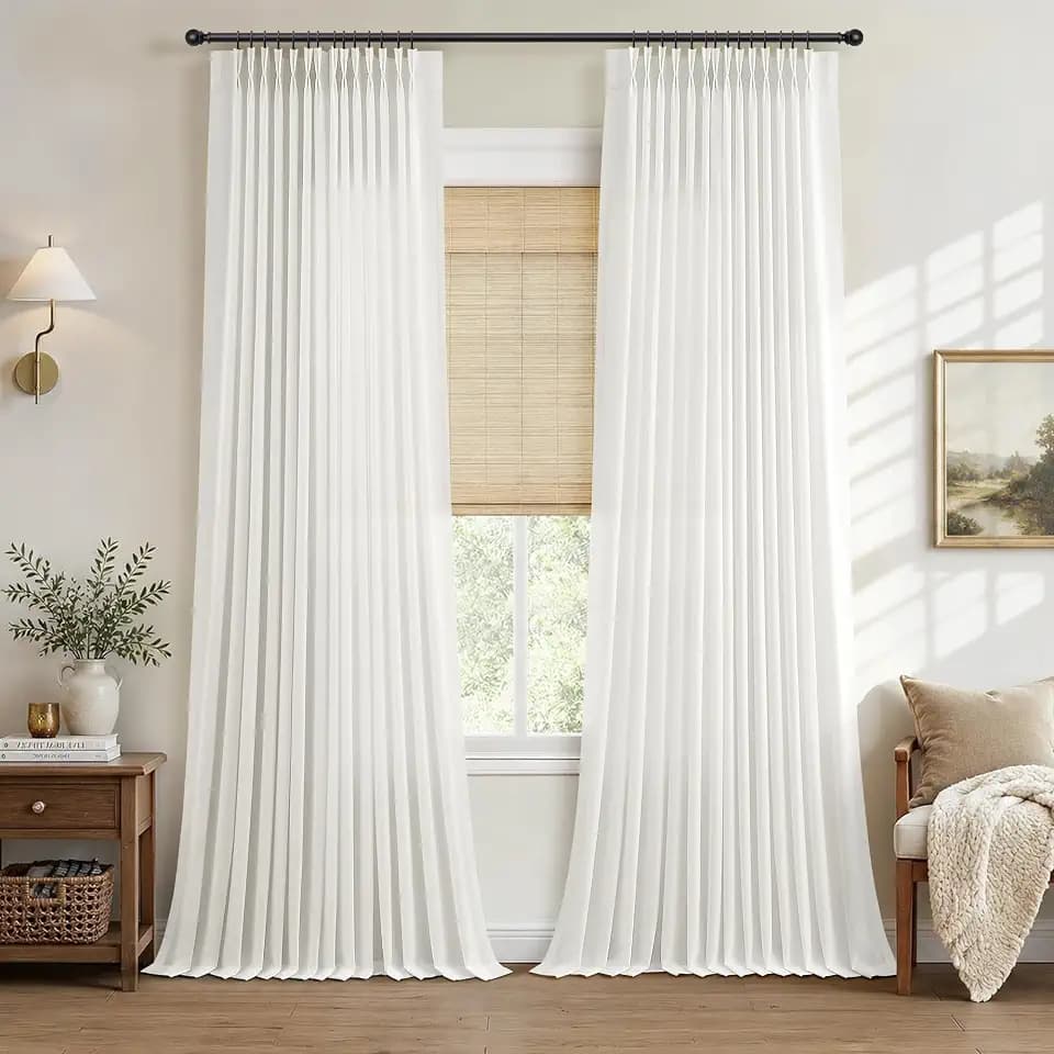 Hokibero Ivory Pinch Pleated Linen Curtains 90 Inch Long for Living Room