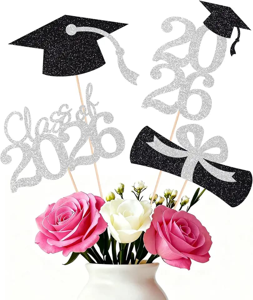 Double-sided 16 PCS Graduation Cake Toppers – Silver Class of 2026 Centerpieces Picks for Graduation Theme Party Decorations Supply