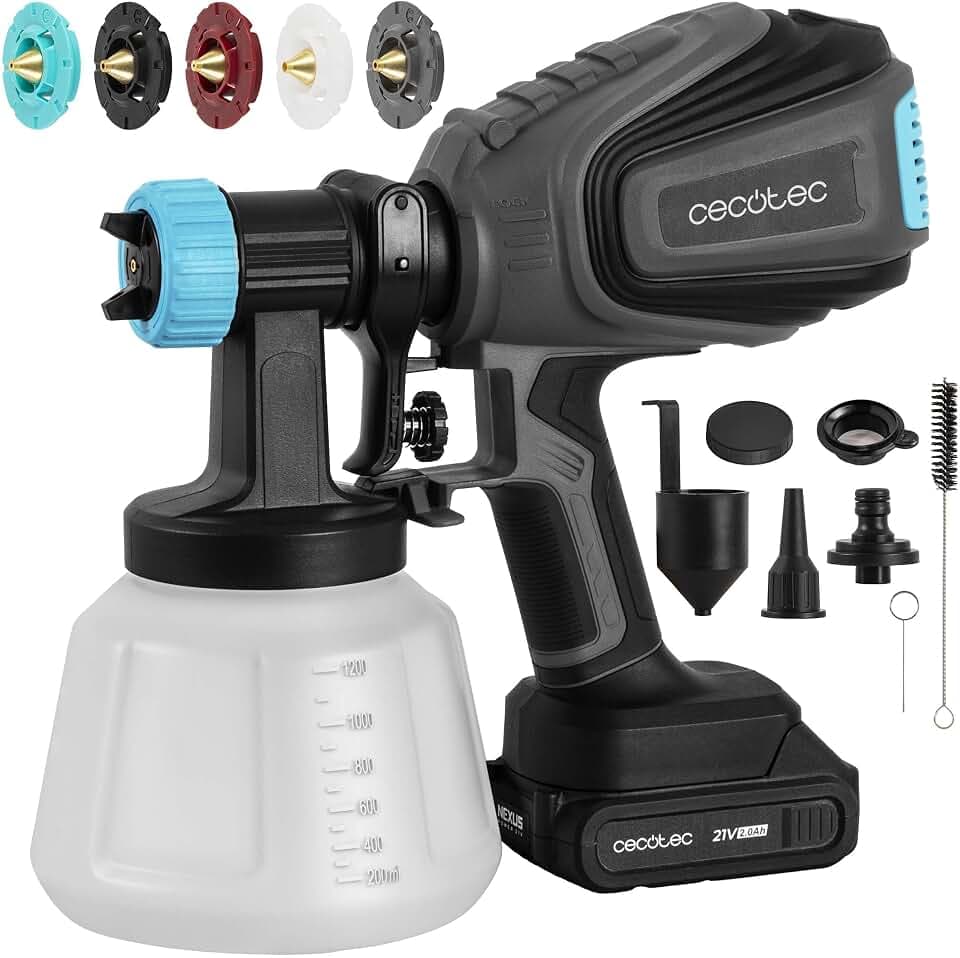 Cecotec Akku-Farbsprühsystem TotalPaint 4000 Liberty, NEX21 21V-kompatibel, 800 ml/min, 14 kPa, 1200 ml Behälter, 5 Kupferdüsen 1-3 mm, Viskositätstrichter, Luftfilter, Reinigungsset, Lacke & Lasuren