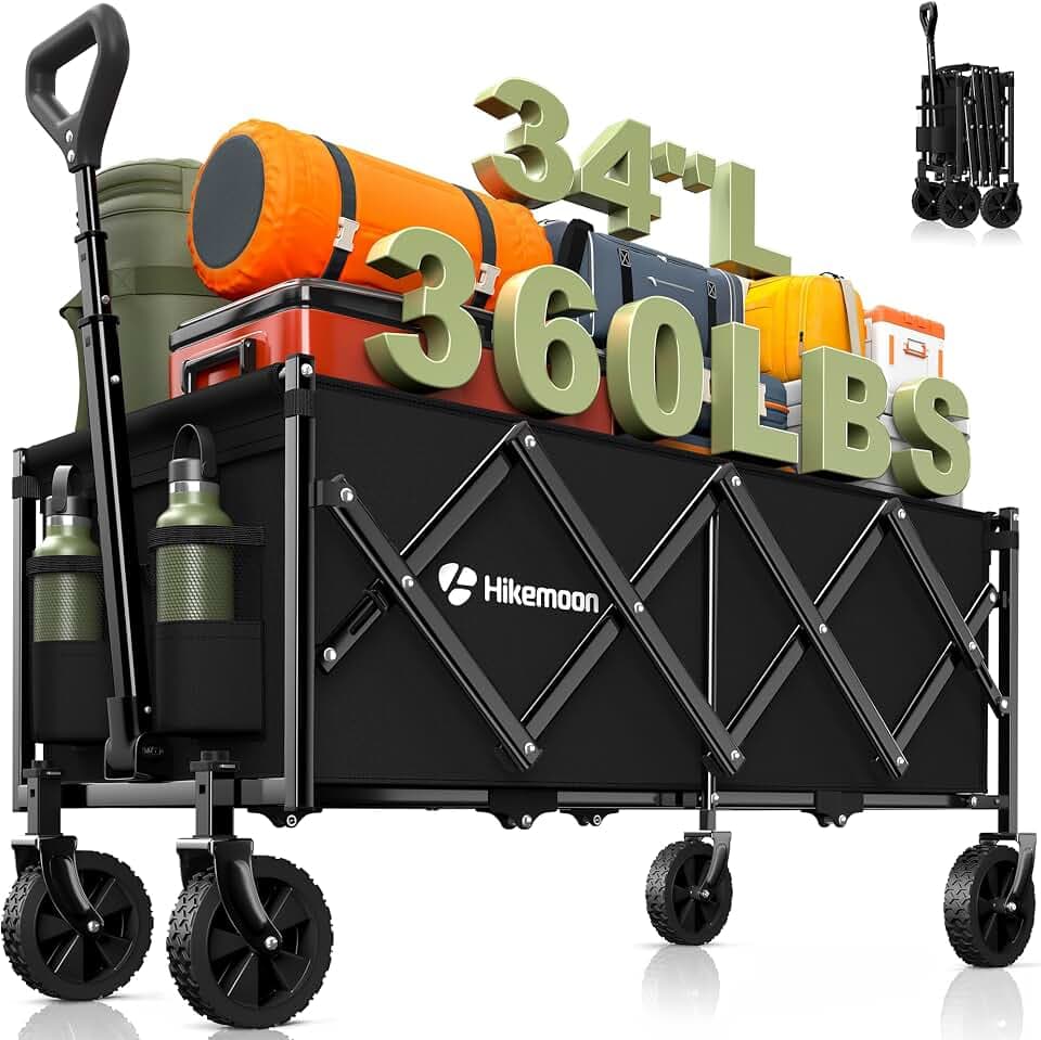 HIKEMOON 34'' Extra Long Folding Portable Wagon Cart, 120L 360LBS Black