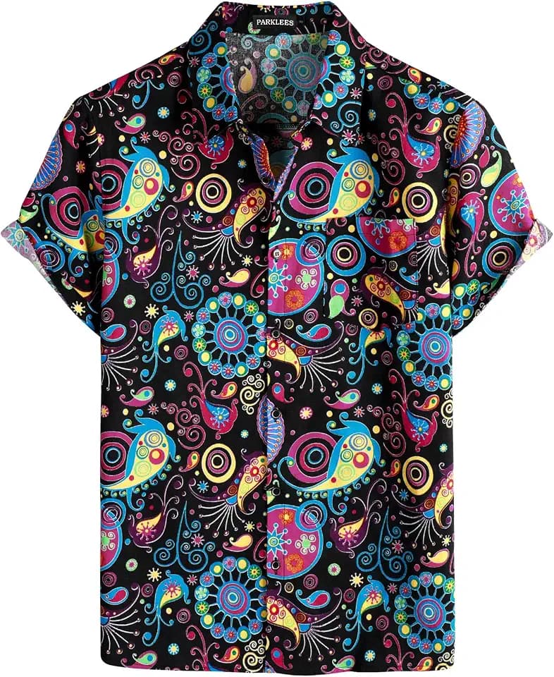 PARKLEES Herrenhemd aus Baumwollleinen, 70er-Jahre-Stil, Vintage-Muster, lässig, kurzärmelig, Retro-Shirt