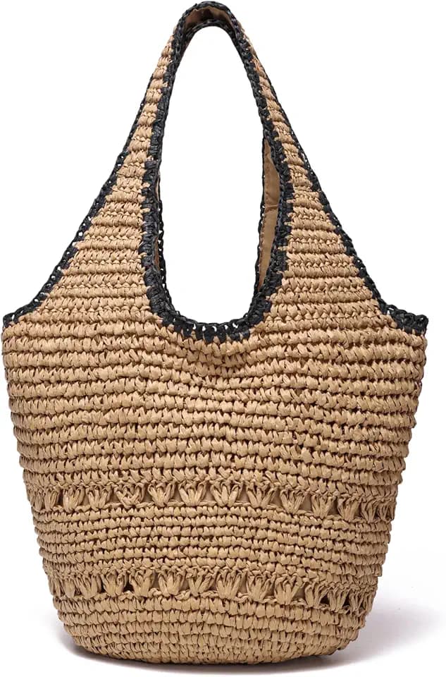 JOLLQUE Straw Bag for Women, Raffia Tote Large Summer Beach Purse Woven Shoulder Bags Boho Vacation Handbag with Zipper