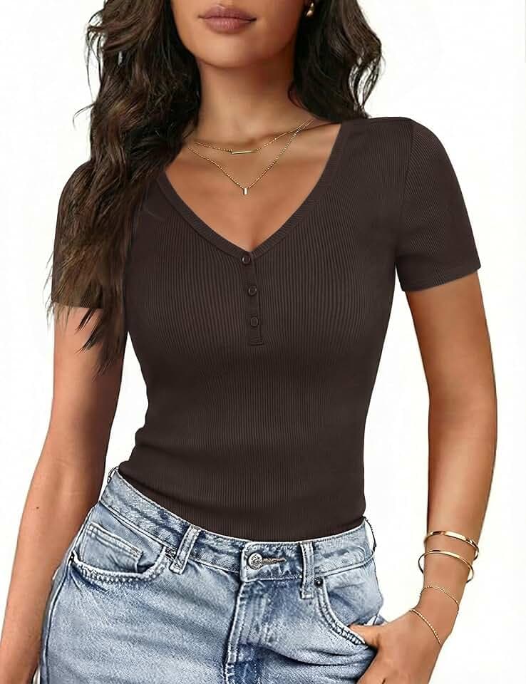 Gyabnw Damen T-Shirt mit V-Ausschnitt und Henley-Knopfleiste