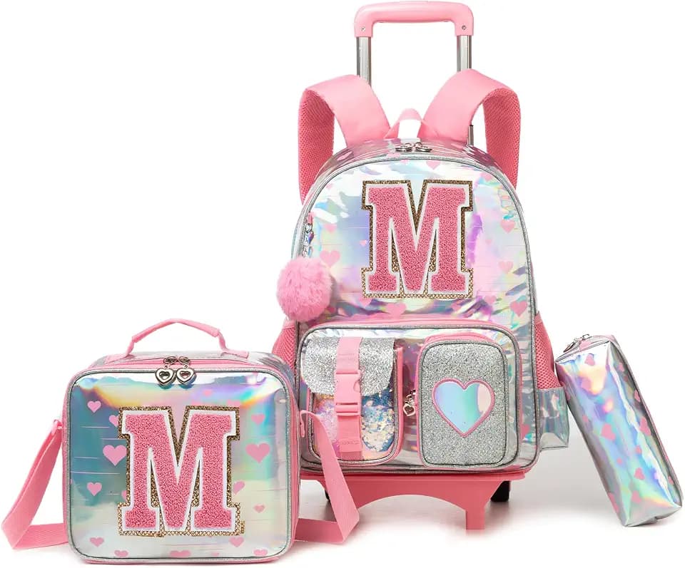 Meetbelify Rolling Backpack for Girls Backpack with Wheels for Elementary Student Kids School Bag with Lunch Box Pencil Case for Girls Ages 6-8 Years Old Pink M