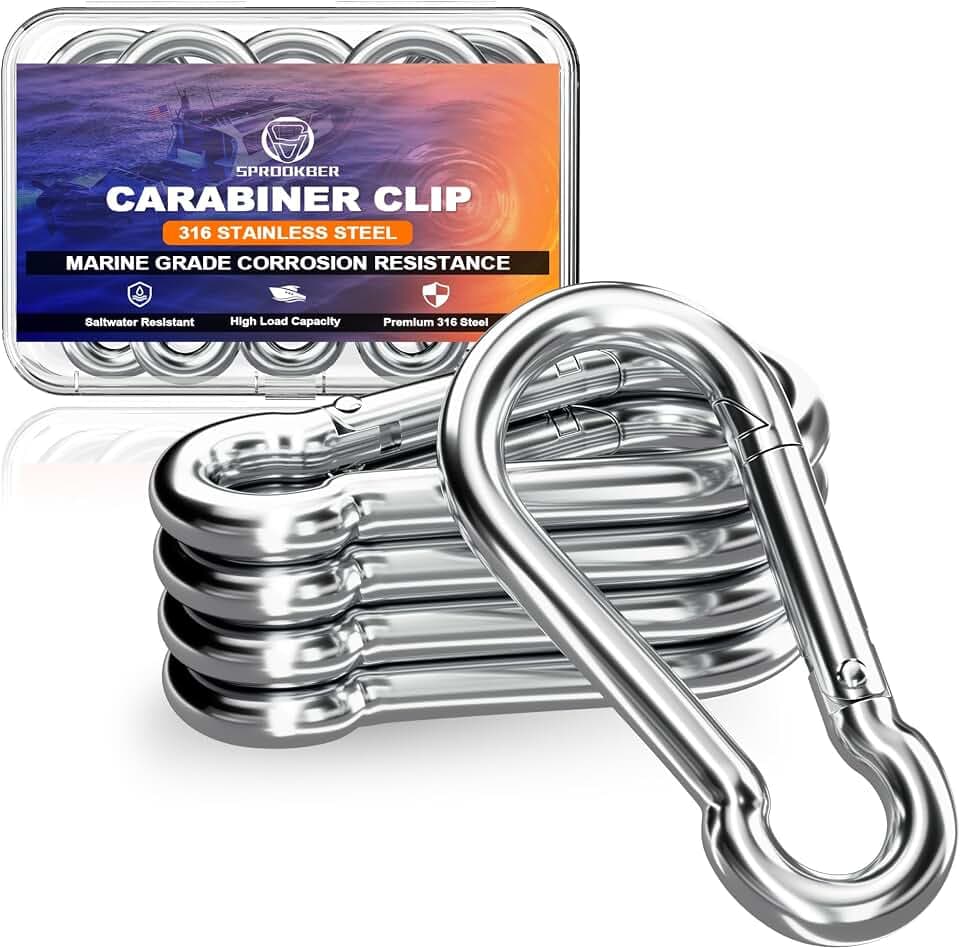 sprookber 316 Stainless Steel Carabiner Clip, Marine Grade Heavy Duty Spring Snap Hook for Outdoor, Boat, Hammock, Set of 5