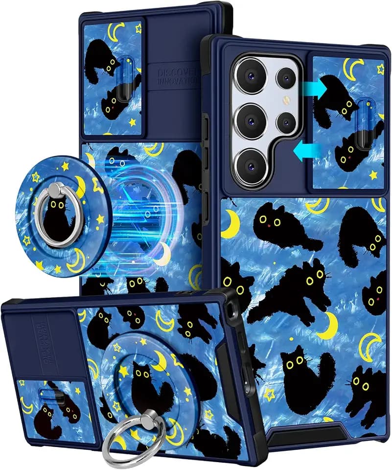 Buleens Schutzhülle für Samsung Galaxy S23 Ultra – mit Ringständer und Kamera-Abdeckung, ästhetisch, niedliches Design, S23 Ultra-Hülle, für Damen und Mädchen, Kawaii-Katze, Mond, kompatibel mit