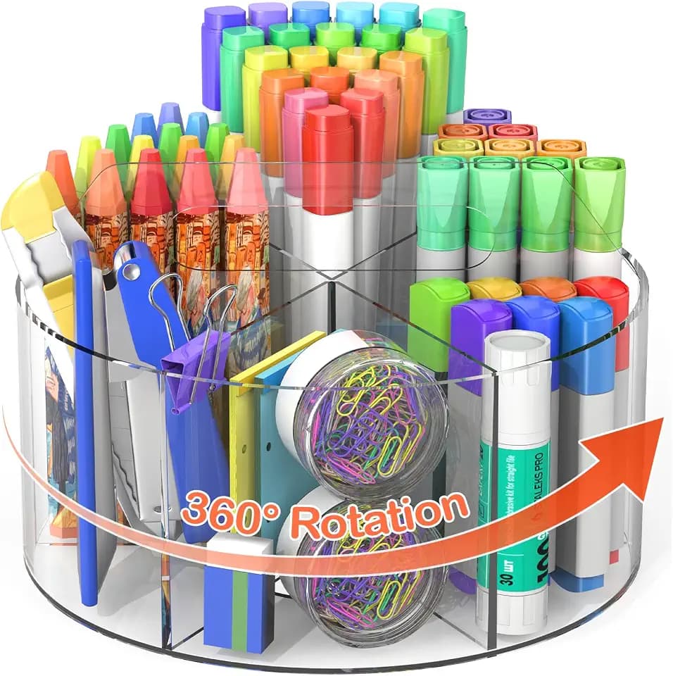 Mefirt Acrylic Pen Holder, 360 Degree Rotating Pen Organizer, Rotating Desk Acrylic Office Organizer with 6 Compartments, Marker Organizer for Kid, Crayon Caddy School Art Supply Storage Organizer