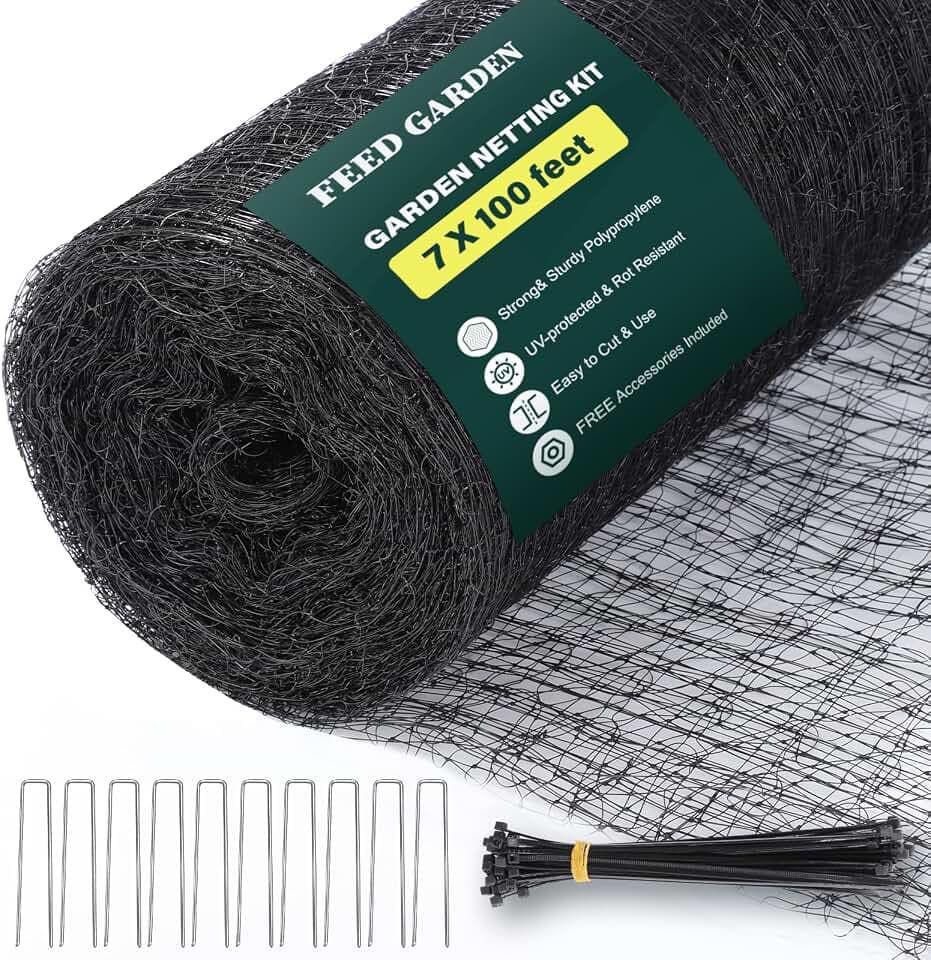 FEED GARDEN Deer Fence Netting Garden Netting Bird Netting - 7x100ft UV-Protected Garden Fence for Plant with 3/4" Fine Mesh - Includes 10 Stakes & 50 Zip Ties for Easy Installation