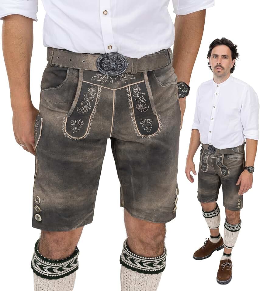 Schöneberger Trachten Couture Herren Lederhose kurz mit Trachtengürtel, Trachtenlederhose braun für Oktoberfest, Trachtenhose Starnberg