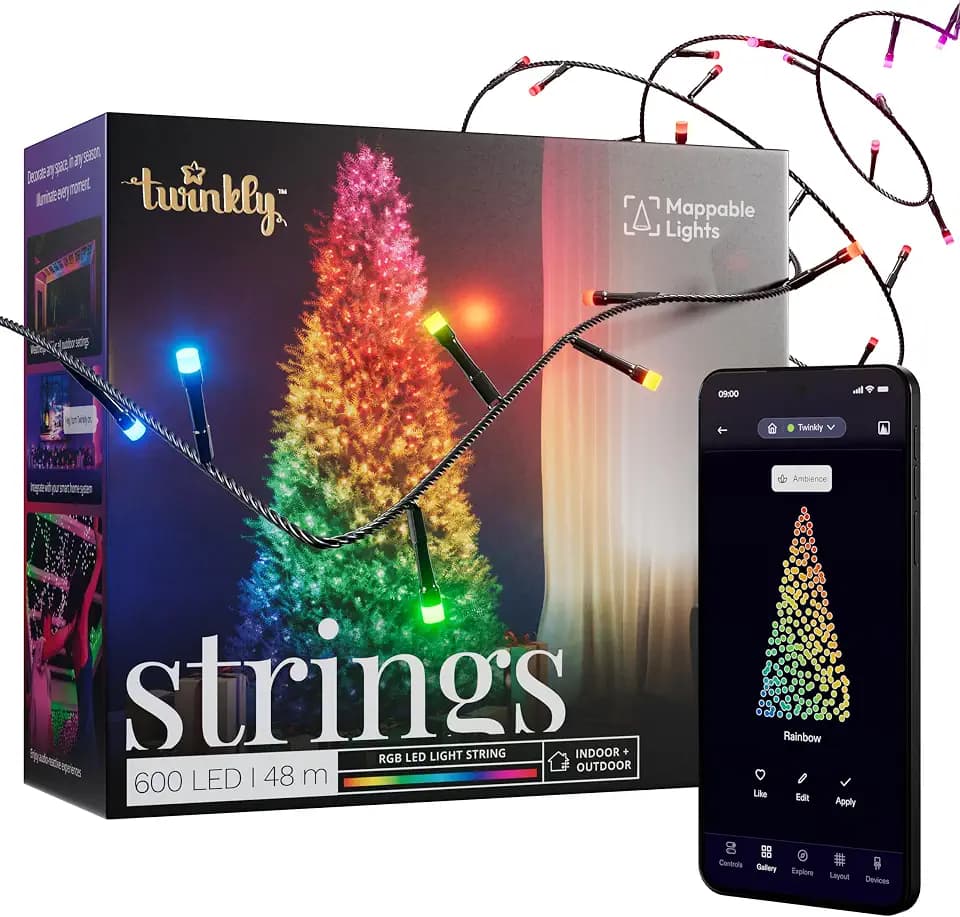 Twinkly Strings 600 LED RGB, LED-Lichterkette für Draußen und Drinnen, Smarte LED-Lichter, Kompatibel mit Alexa und Google Home, IP44, App-Steuerung, Schwarzes Kabel, 48m