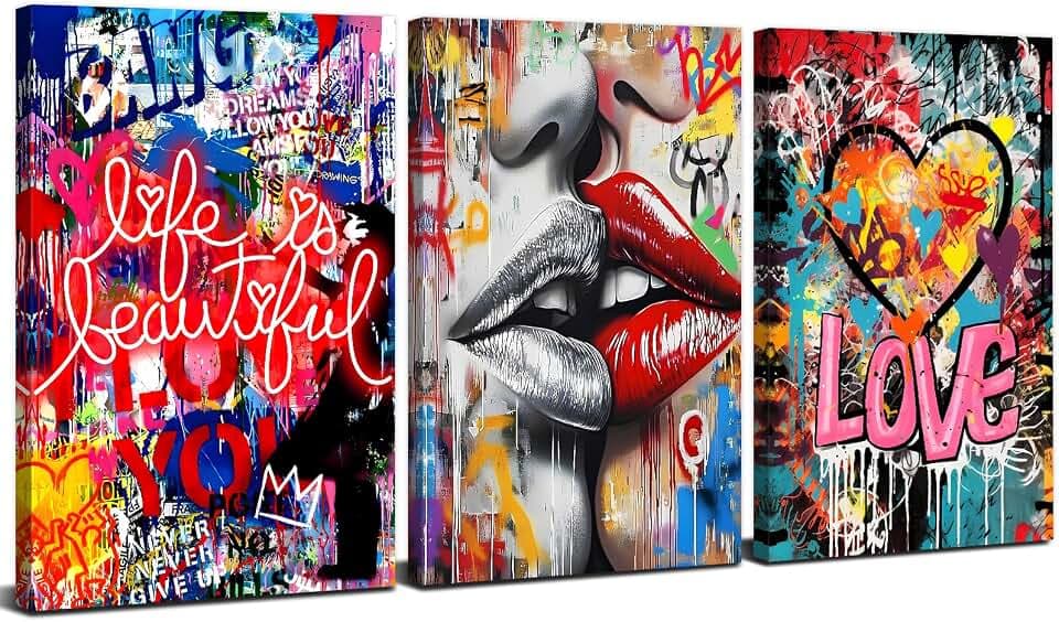 Banksy Bilder Leinwand Wandkunst Moderne Street Pop Art Graffiti Gemälde Wandkunst Romantisch Küssen Wand Kunstdruck Abstrakt Love Poster für Schlafzimmer Wandbilder Wohnzimmer Deko 30x40cm 3Pcs