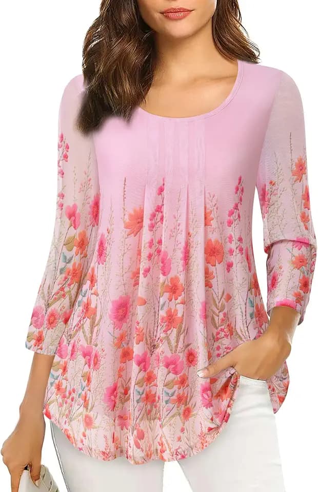 VALOLIA Women's 3/4 Sleeve Tunic Tops Casual Loose Fit Floral Blouses Mesh Pleated Layered Shirt