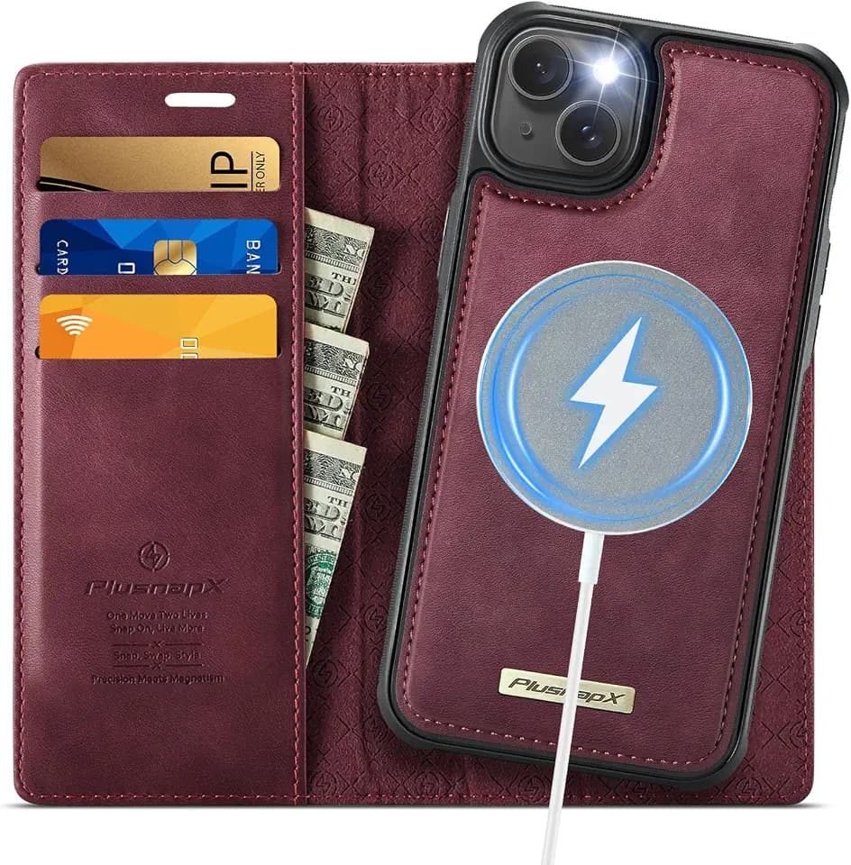 for iPhone 15 2-in-1 Detachable Wallet Phone Case, Burgundy
