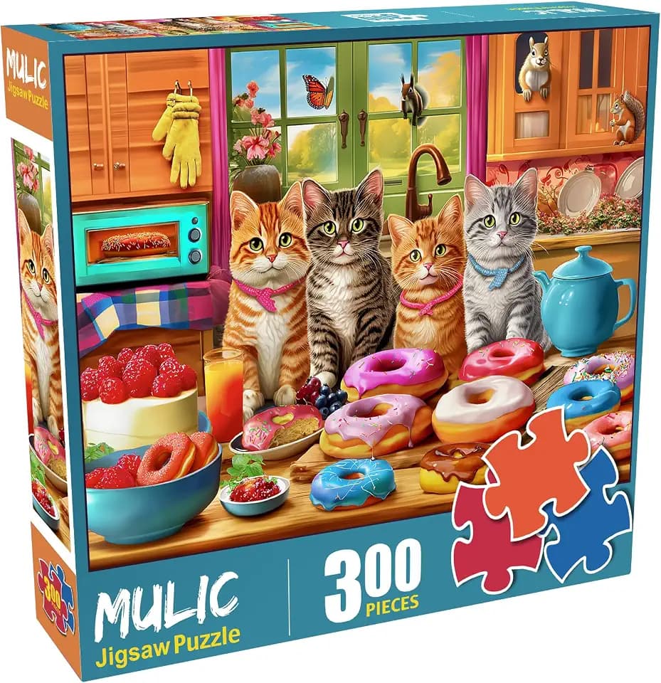 300 Piece Puzzles for Kids Adults - Cat Jigsaw Puzzle with Donuts