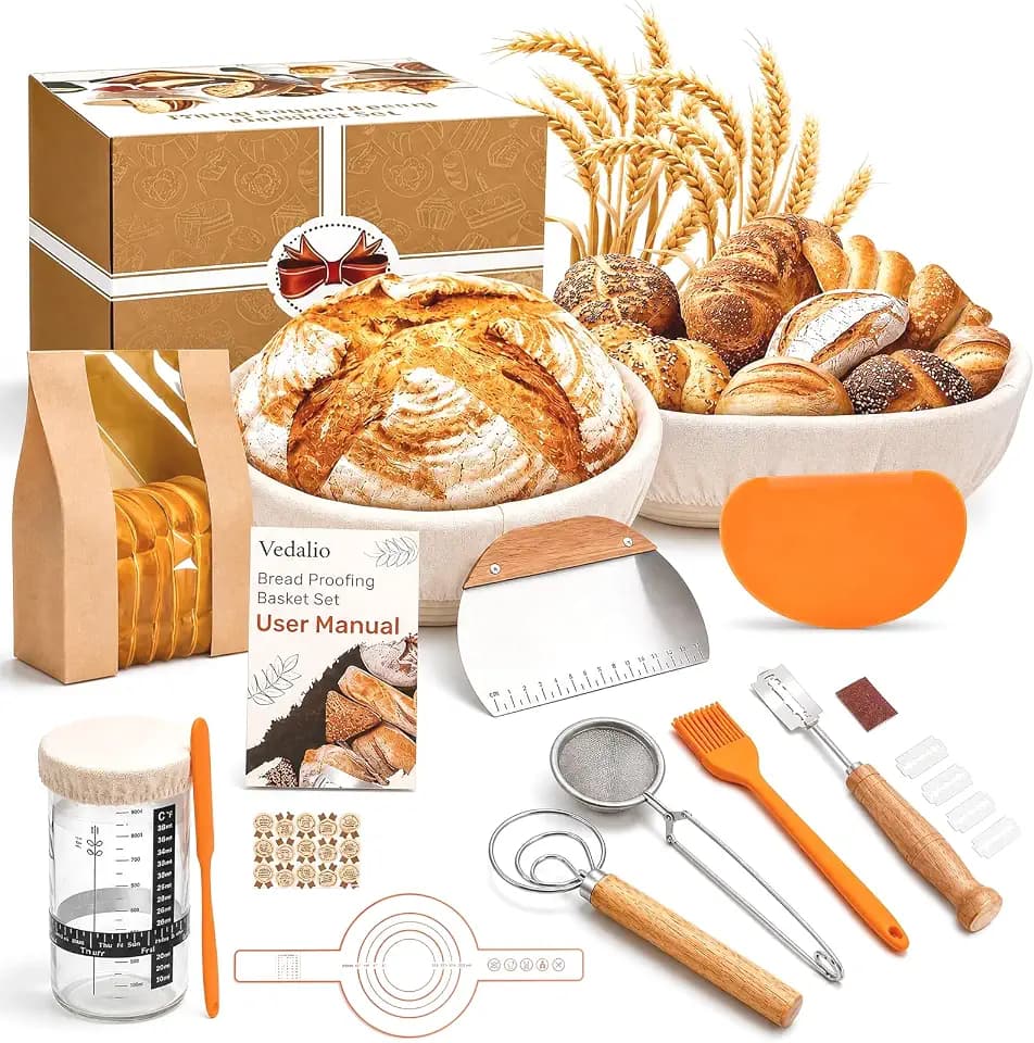Sauerteig Starter Set, Gärkörbchen,12-teiliges Sauerteig Zubehör mit Brotmesser, Gärkorb mit Einlage, Gärkörbchen,Sauerteigglas Brot Backen Zubehör für Anfänger, Erfahrener Bäcker
