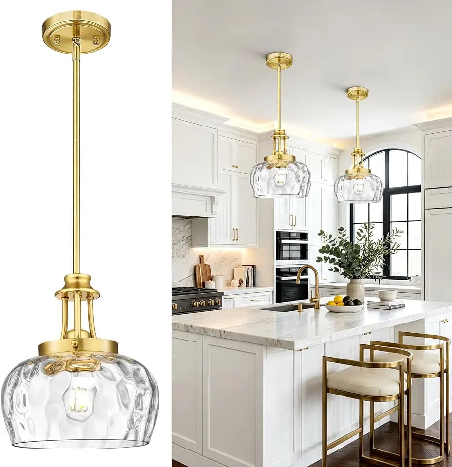 9 Inch Modern Farmhouse Pendant for Kitchen Island, Adjustable Height Hanging Fixture with Ribbed Glass,Brushed Gold, Dining Room Entryway,1 Pack,PL109BG-L
