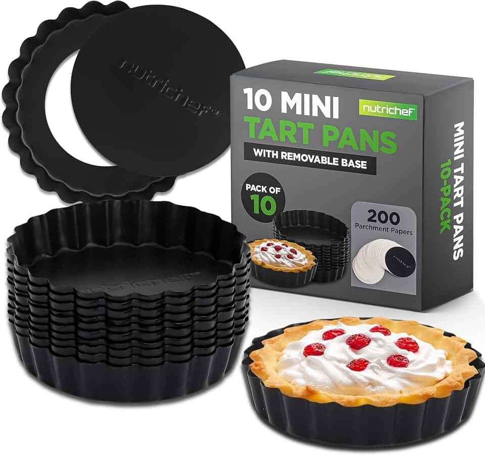 NutriChef Tarteform Set – 10 Mini Tartelette Förmchen Ø10 cm mit Hebeboden aus Carbonstahl Antihaft Backform Rund, Inkl. 200 Backpapier Rund, Quicheform Spülmaschinen und Ofenfest