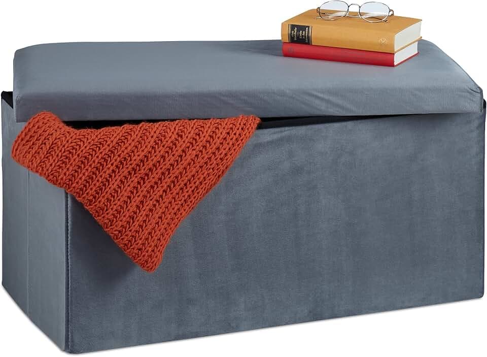 Relaxdays Sitzbank mit Stauraum, Samt, 80 L, Flur, Wohnzimmer, dunkelgrau