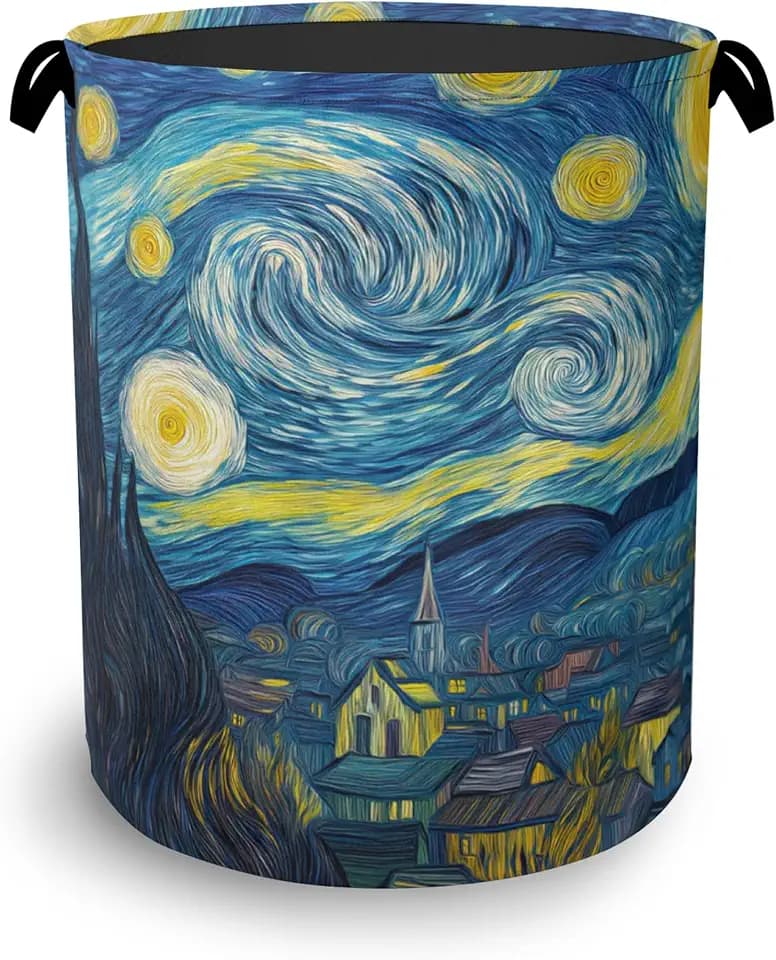 Starry Night Moon Laundry Basket,Village Oxford Cloth Laundry Hamper with Handle Foldable Portable Clothes Storage Basket for Bathroom Bedroom Dorm Room 16" x 20.8"