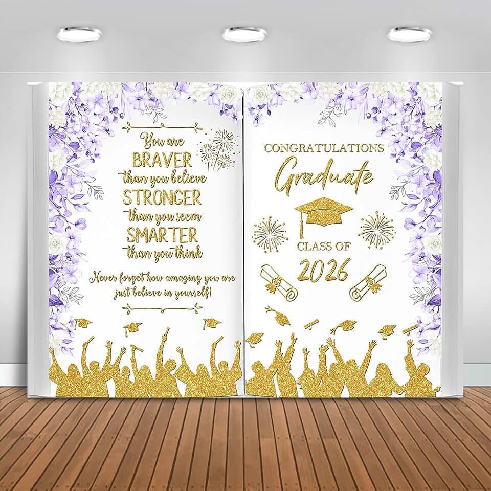 Graduation Backdrop Class of 2026 Party Decorations Background Floral Book Congratulations Graduate Banner Photo Booth Props (Purple and Gold, 7x5ft)