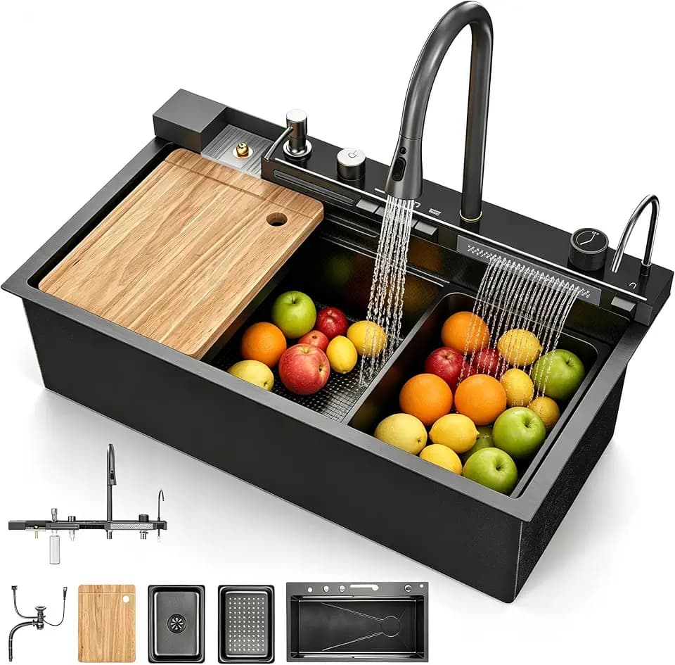 Spülbecken Küche, Spüle 1 Becken, Einbauspüle Küchenspüle Spülbecken, Waschbecken Küche mit Siphon, Überlauf und Ablaufgarnitur, Multifunktionale Moderne Wasserfall mit Zubehörset, 80x45×23cm