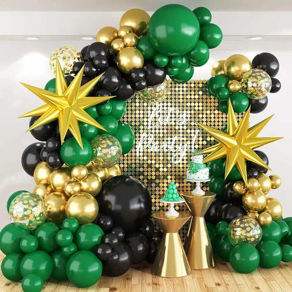 Dark Green and Black Balloon Arch Kit with Explosion Star Balloons, 123pcs Emerald Green and Confetti Gold Balloon Garland for Birthday Anniversary Bachelorette Grad Father's Day Party Decorations