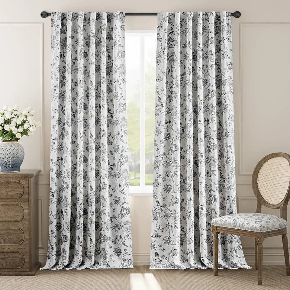 jinchan Black Floral Blackout Curtains 96 Inch Vintage Back Tab 2 Panels