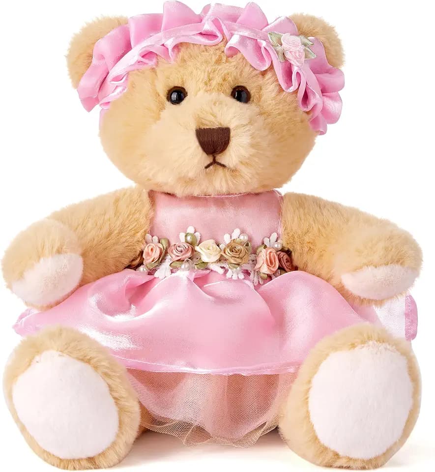 Teddy Bear Stuffed Animal,Small Soft Plush Toy in Dress with Cute Headband, Cuddly Gift for Babies, Boys, Girls on Christmas or Valentine's Day (Pink Rose Skirt)
