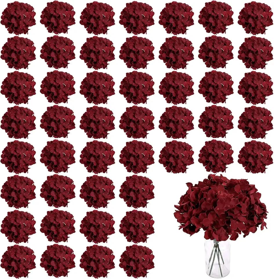 WEISPARK 100PCS Burgundy Artificial Hydrangea Flowers, Fake Flowers Silk Hydrangea Full Flowers Heads with Stems for Wedding Home Party Shop Baby Shower Decor (Burgundy)