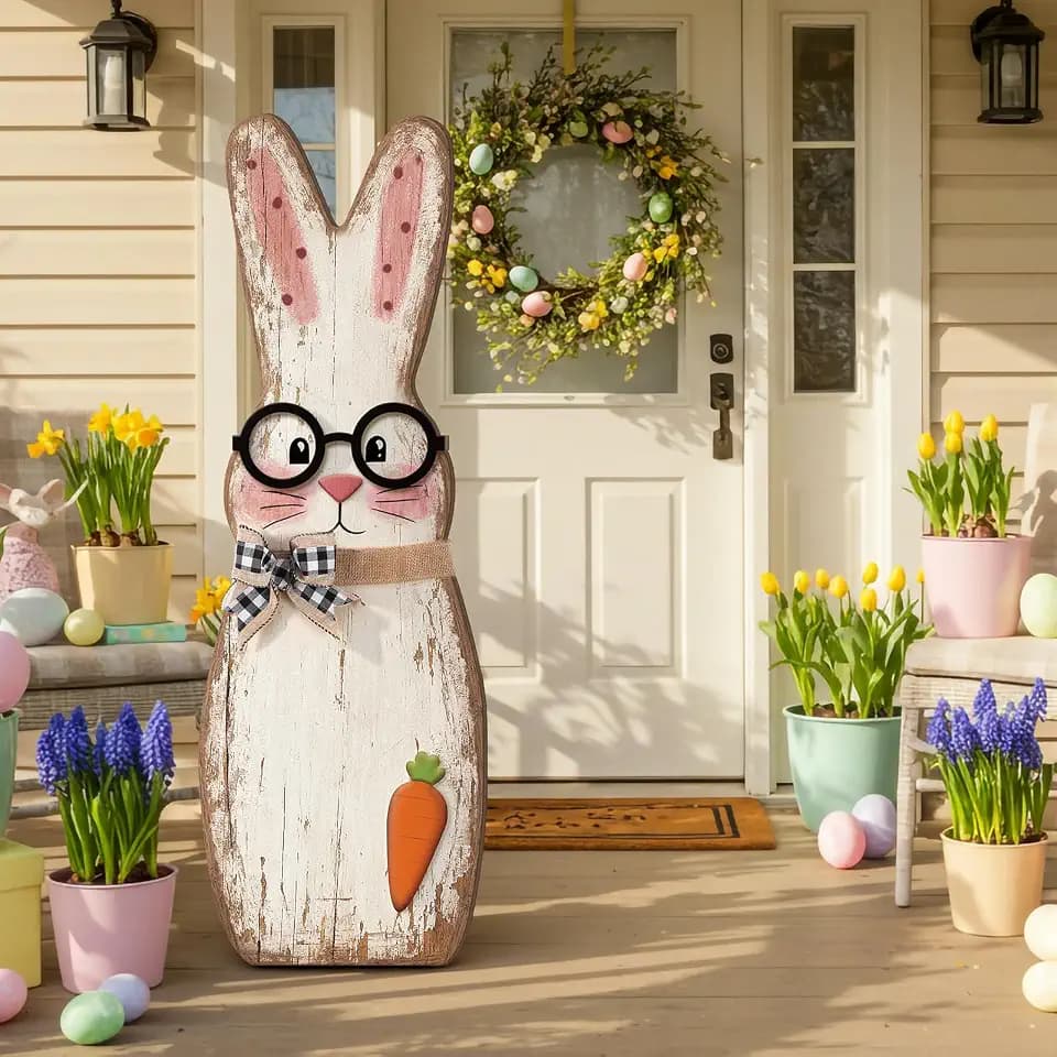 Yerliker 35 Inch Easter Wooden Porch Sign Wooden Bunny Standing Sign Decoration Easter Rabbit Outdoor Decor Bunny Shape Decor for Porch, Yard, Front Door, Garden, Patio, Outdoor