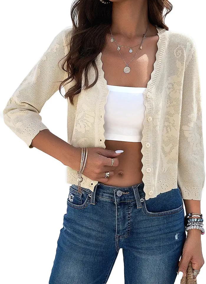 Women Crop Cardigan Sweaters Lightweight 3/4 Sleeve Button Up Crochet Shrug