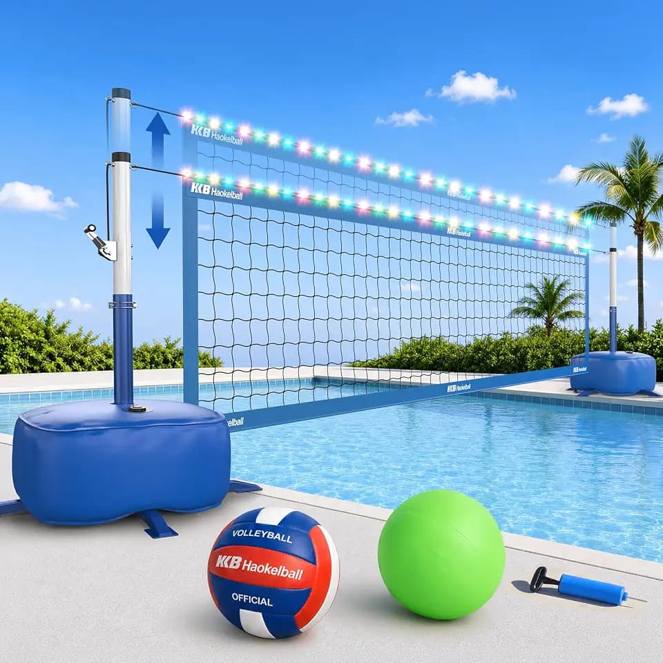 Haokelball LED Pool Volleyball Net Set, Adjustable 15–32FT Width, Anti-Sag Winch System, 45L / 99lbs Heavy Duty Water Base, Includes 2 Water Balls (1 Glow), for Inground & Above Ground Pool