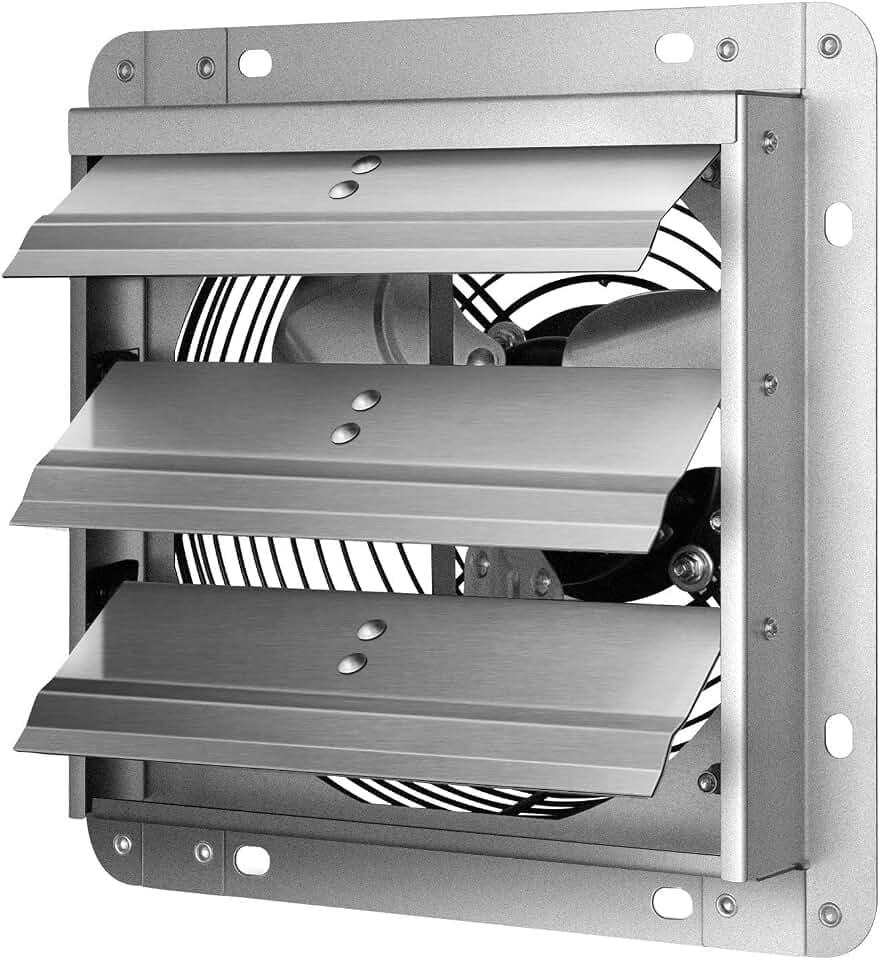 Simple Deluxe 14 Inch Wall Mounted Shutter Aluminum Exhaust Fan, 1600 RPM, 1000 CFM, for Attic, Garage, Louvered Vent, Plant, Greenhouse, Silver