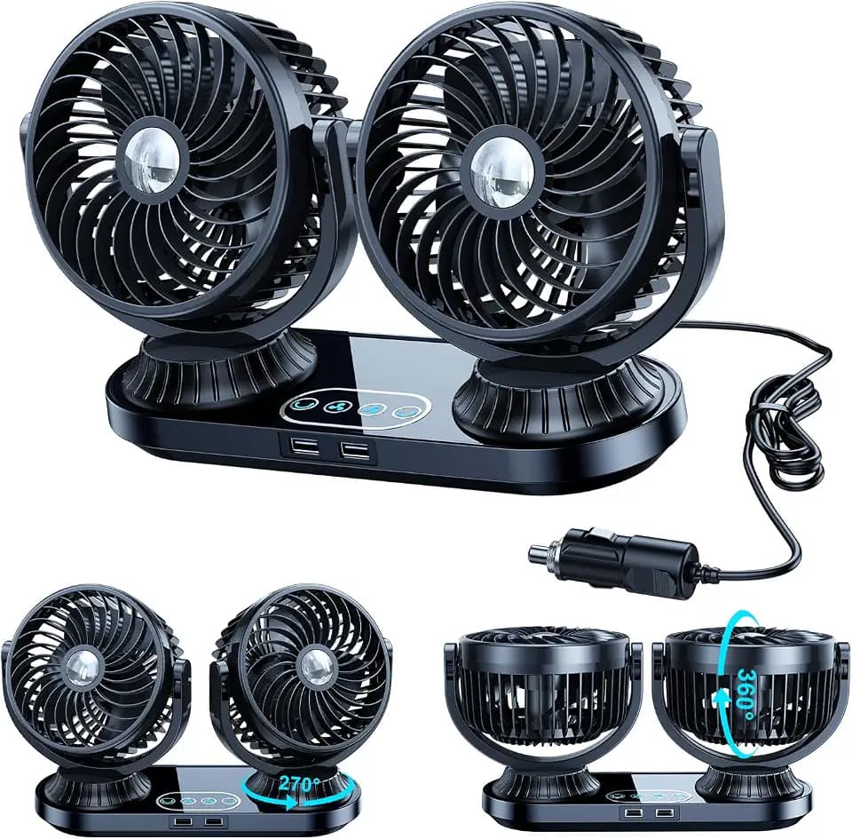 Dual Head Auto Oscillating Car Cooling Fan for Dashboard, DC 12V / 24V Cigarette Lighter Plug Car Fans that Blow Cold Air Cooler for Vehicles Sedan SUV Rv Van Truck Utv Tractor Cab Without AC