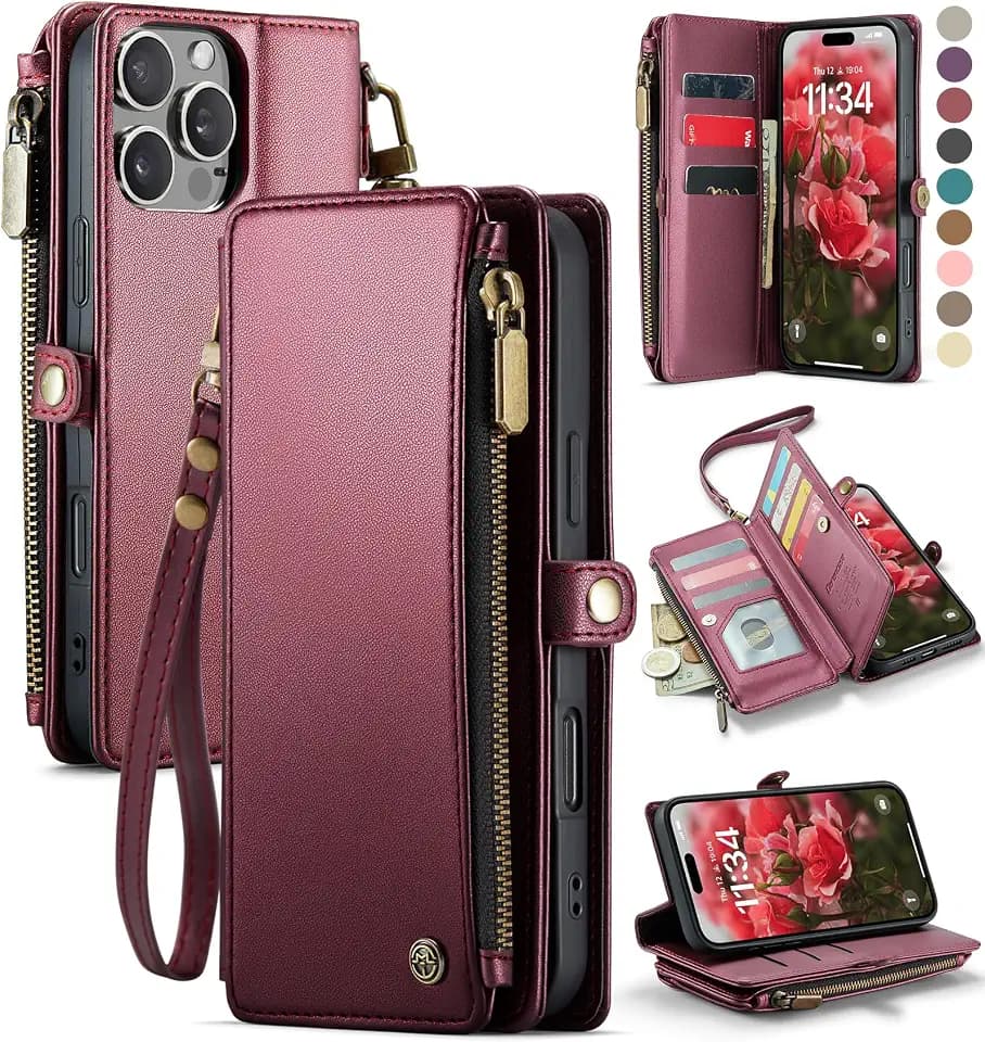 Defencase for iPhone 16 Pro Max Wallet Case with RFID Card Holder, Wine Red