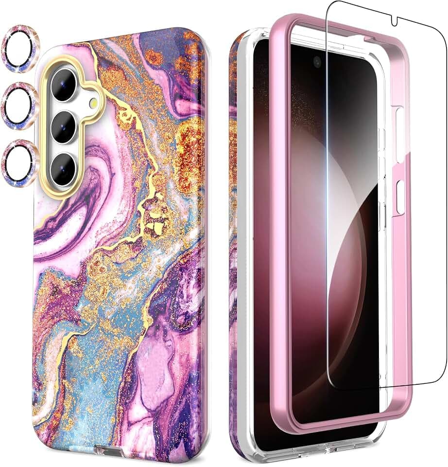 SHEDEER für Samsung S24 Plus Hülle mit Glitzer Kameraschutz + Displayschutz, Galaxy S24 Plus Hülle Schick Anti-Vergilbung Muster, TPU Stoßfest Kratzfest Handyhülle für S24 Plus 6,7'', River Violett