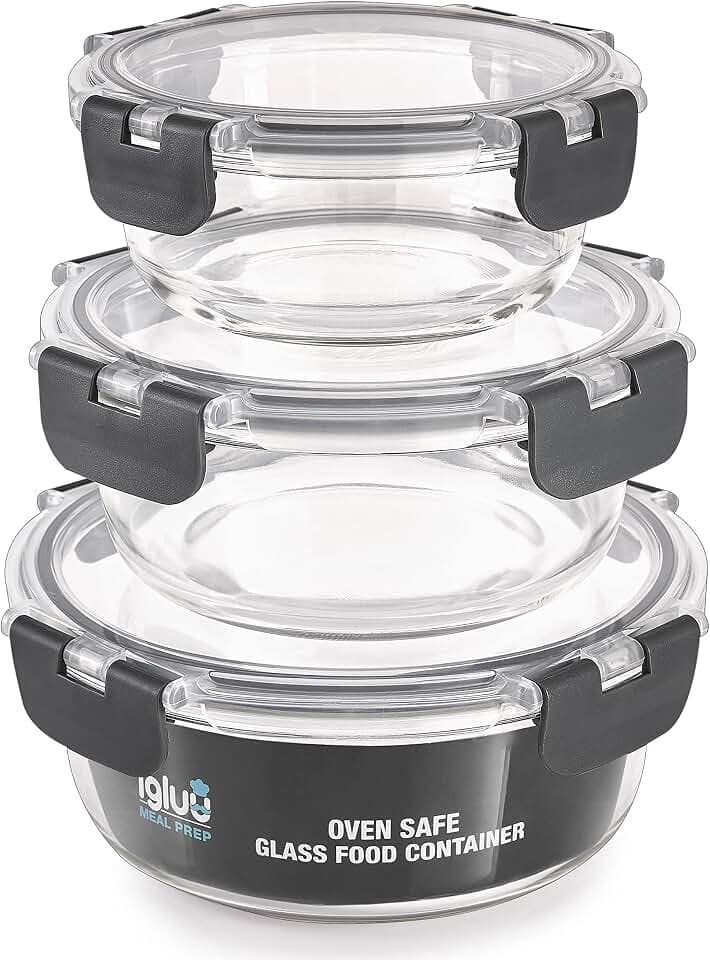 Igluu Meal Prep Boxen Glas, rund (3er-Pack) – 400/650/950ml | BPA-frei – geeignet für Ofen, Heißluftfritteuse, Mikrowelle, Gefrierfach und Spülmaschine – auslaufsicher – Borosilikatglas