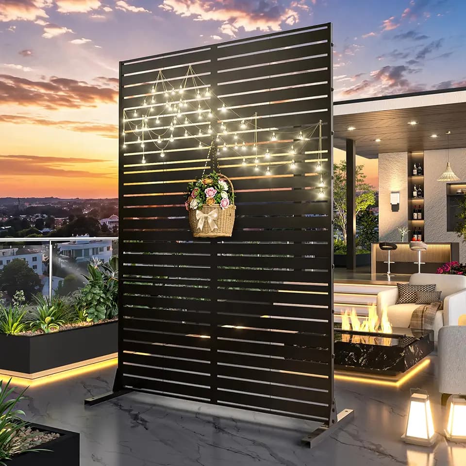 MTART Metal Privacy Screen 72" H x 47.2" Decorative Outdoor Privacy Screen Privacy Panel with Stand for Balcony Deck Patio Lawn Garden, Privacy Fence (Black-Louvered)
