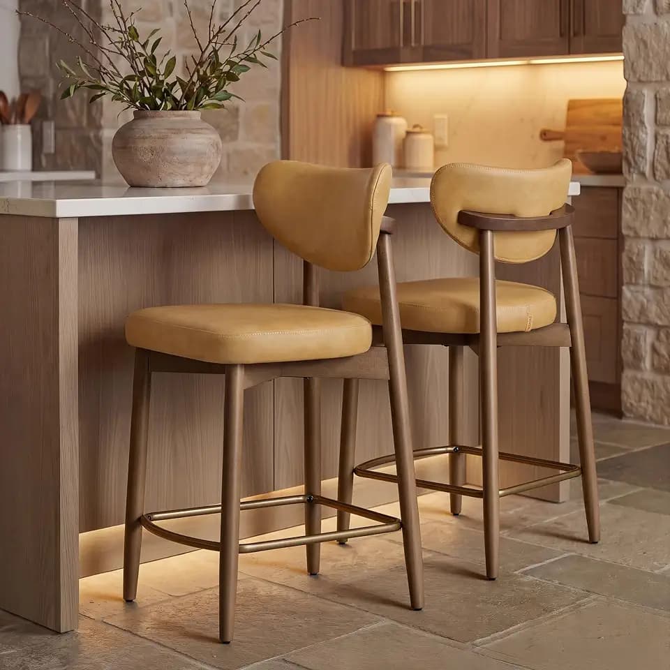 VASAGLE Wooden Bar Stools Set of 2, Synthetic Leather, Caramel Brown