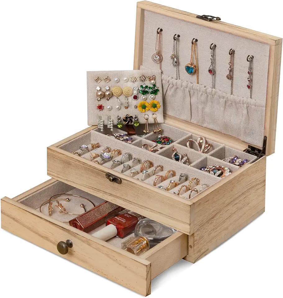 Tektalk Schmuckschatulle, Schmuck Organizer im Landhausstil, Schmuckhalter für Halskette, Ohrringe, Ringe, Armbänder für Damen und Mädchen - braun