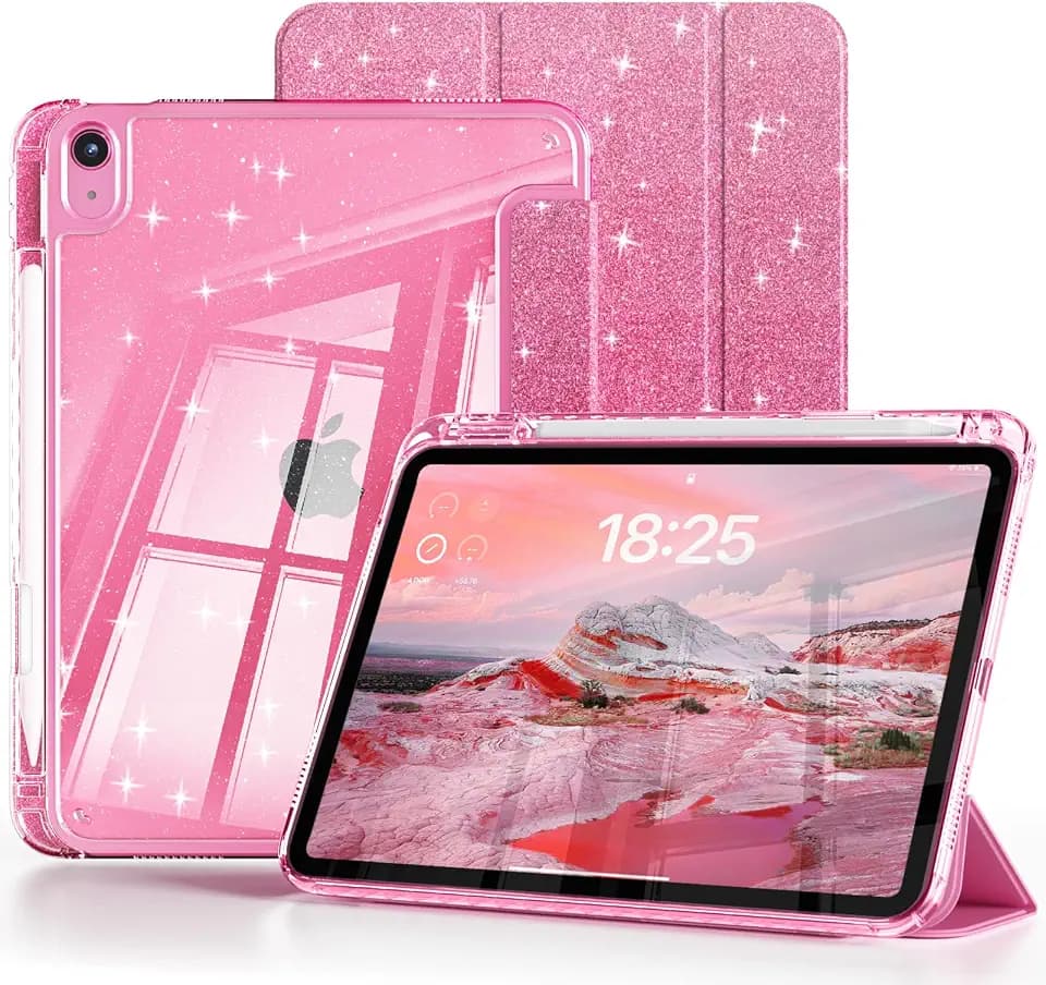 for iPad 11th Gen 11 Inch (A16,2025), iPad 10th Gen 10.9 Inch (2022) Case, Glitter Sparkly Clear Back Cover with Pencil Holder, Trifold Stand, Auto Sleep/Wake Shockproof Case (Rose Pink)