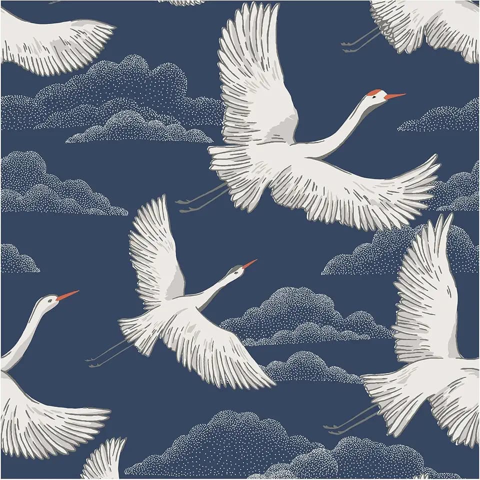 HAOKHOME Peel and Stick Wallpaper Oriental Crane Cloud Wall Mural Self Adhesive Blue Bird Contact Paper for Accent Wall Decor Bedroom Living Room 17.3in x 9.8ft