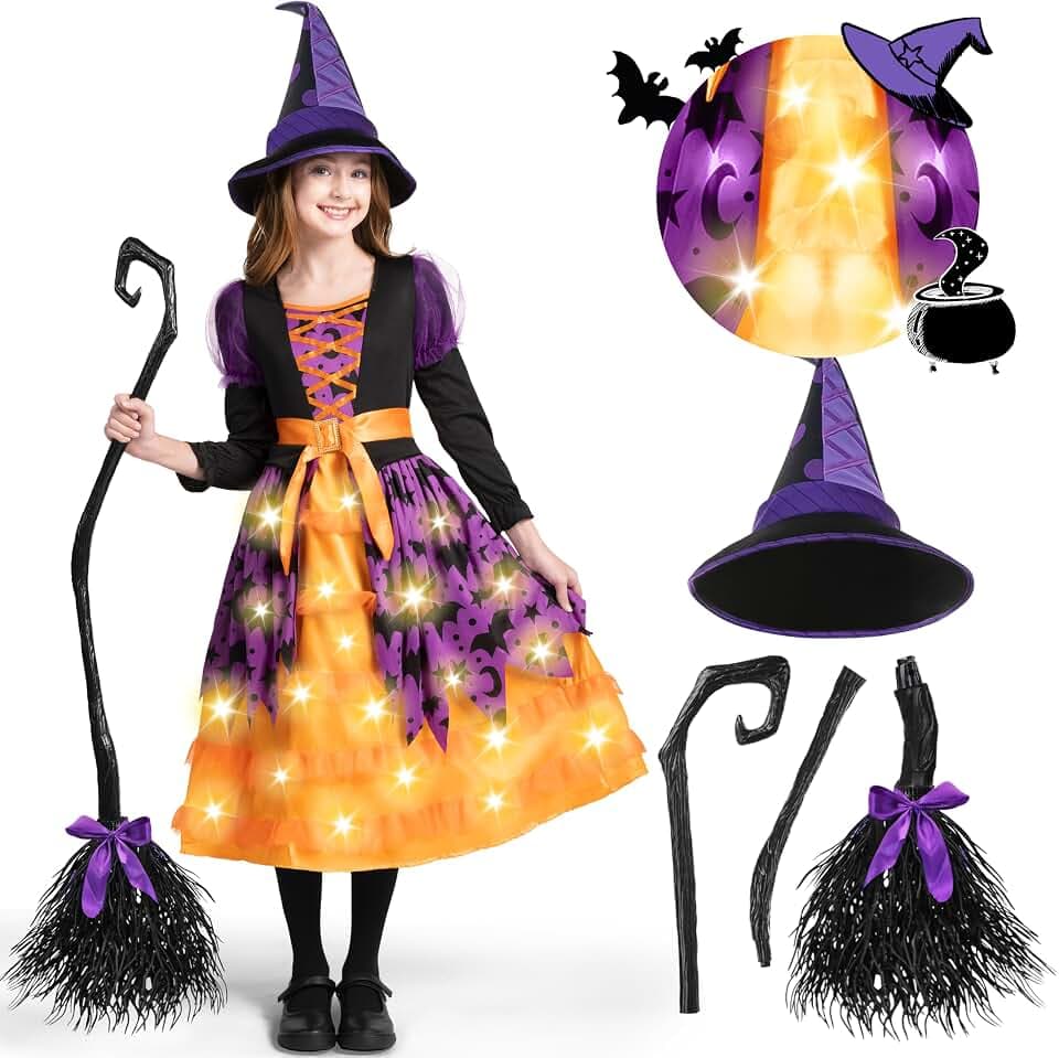 Spooktacular Creations Hexenkostüm für Mädchen, rosa Druck Hexerkostüm, Light-up Hexen Halloween Kostüm Kleid UP