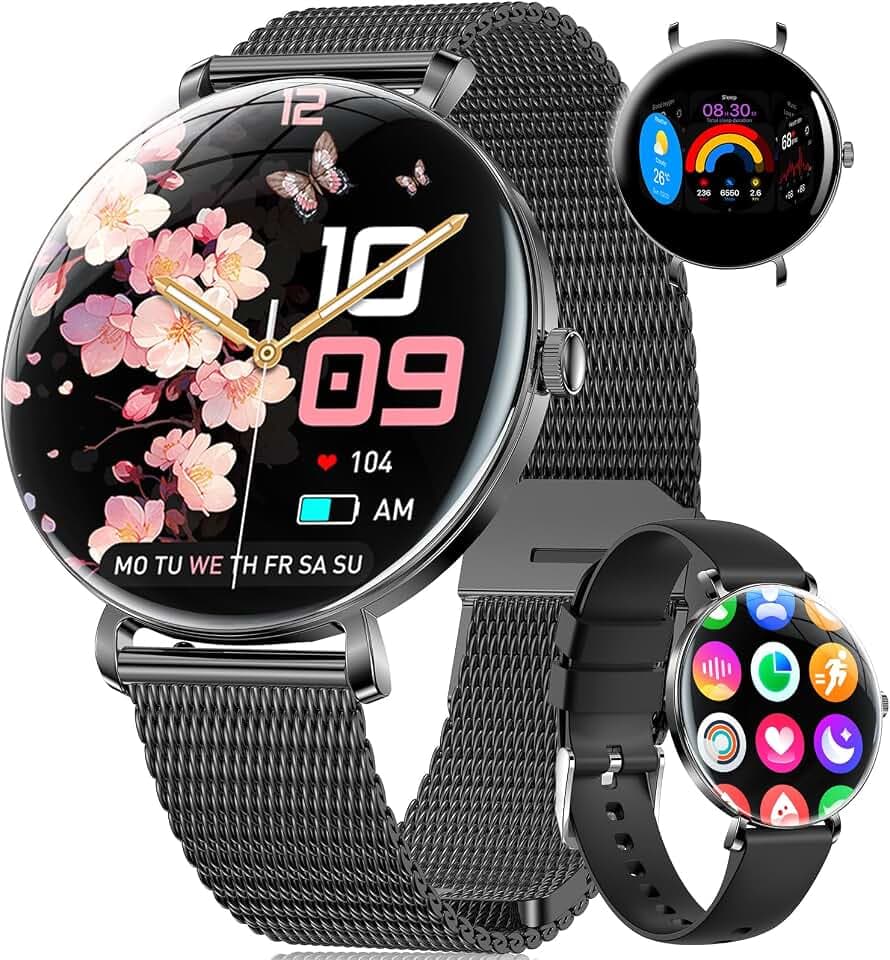 Smartwatch Damen Leichte mit Ultradünn Gebogen AMOLED-Bildschirm Telefonfunktion Schrittzähler/Menstruationszyklus/Herzfrequenz IP68 Wasserfest 100+ Sportmodi Smartwatch für Damen Mädchen Android iOS